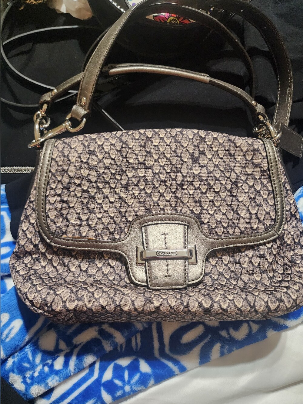 Coach Kristin Snakeskin Print Fabric Shoulder Bag with Metallic Leather Trim